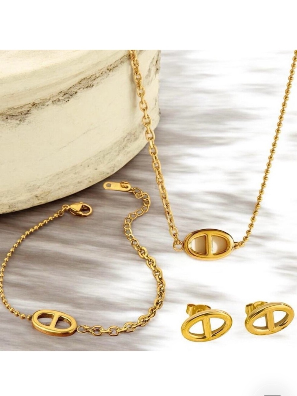 Gold Pig Nose Necklace Earrings Bracelet Set Gold Plated